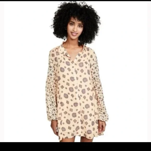 Free People Turn Turn Mini Dress Beige Cream Tea Combo Balloon Sleeve 
Sz Small - Picture 4 of 12